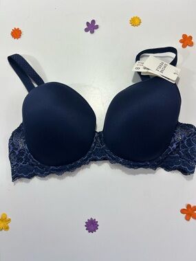 Simone Perele Blue Lace Plunge T-Shirt Bra 38B NWT